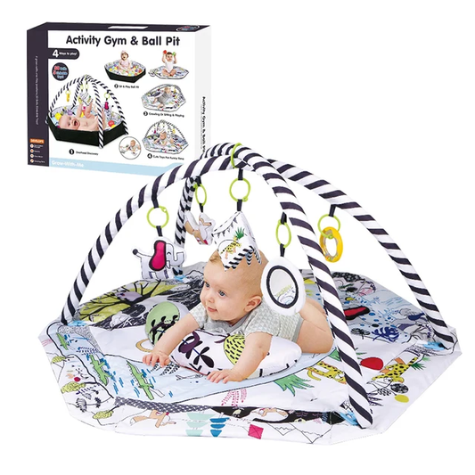 4-in-1 Baby Activity Gym & Ball Pit – Black & White Play Mat with Hanging Toys and Ocean Balls