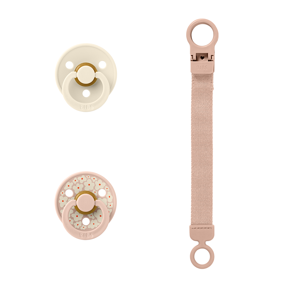 BIBS Colour Pacifier & Loop Clip Gift Set – Latex Size 1 Blush & Ivory