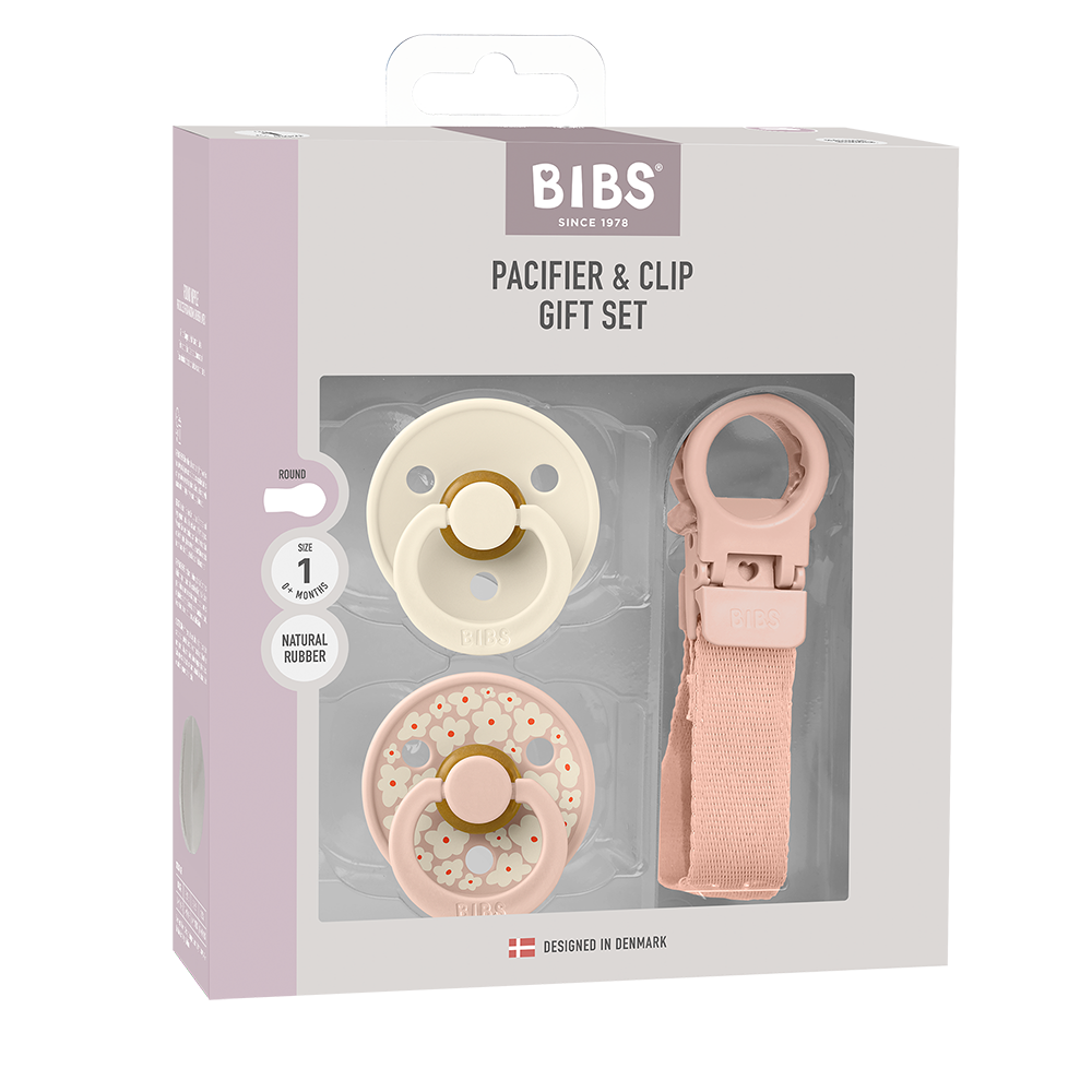 BIBS Colour Pacifier & Loop Clip Gift Set – Latex Size 1 Blush & Ivory