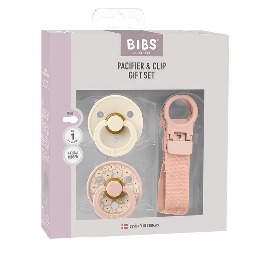 BIBS Colour Pacifier & Loop Clip Gift Set – Latex Size 1 Blush & Ivory