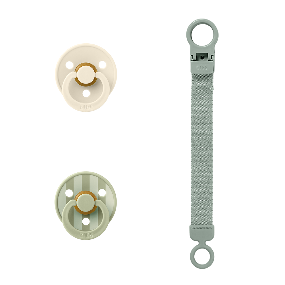 BIBS Colour Pacifier & Loop Clip Gift Set – Latex Size 1 Sage & Ivory
