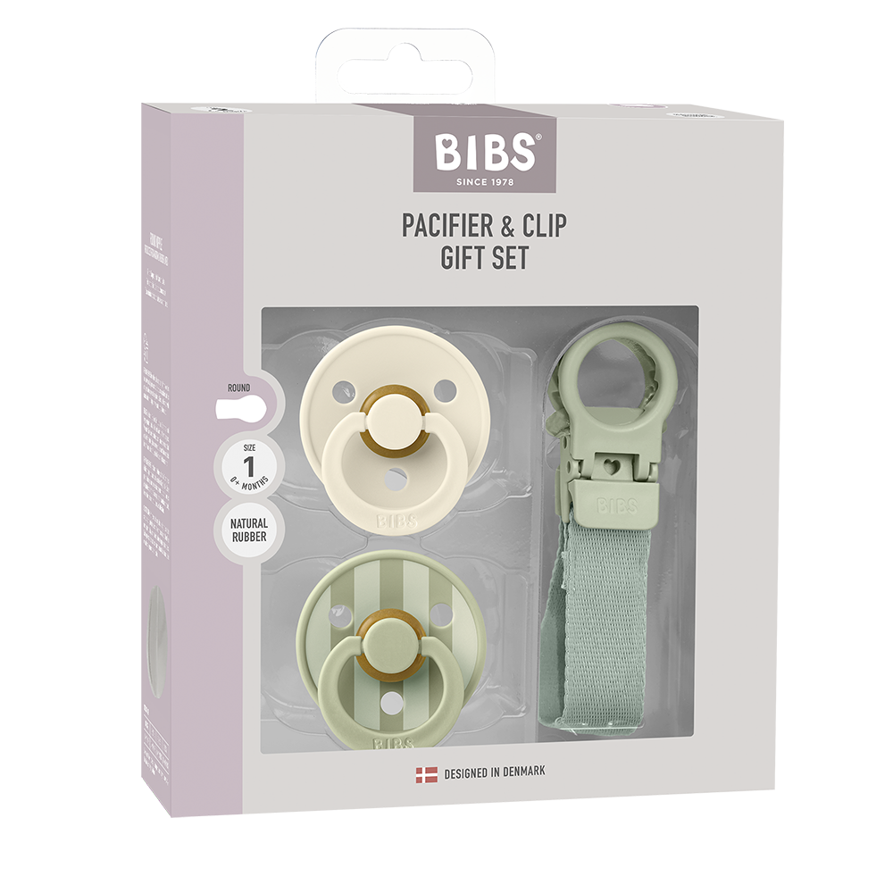 BIBS Colour Pacifier & Loop Clip Gift Set – Latex Size 1 Sage & Ivory