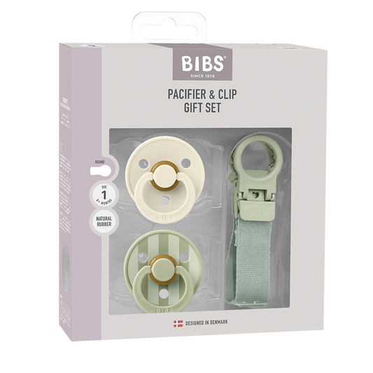BIBS Colour Pacifier & Loop Clip Gift Set – Latex Size 1 Sage & Ivory