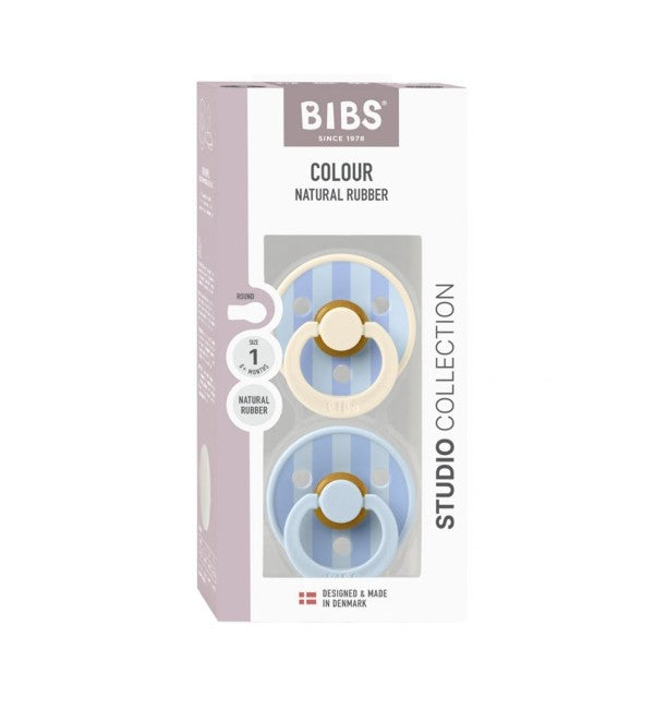 BIBS Studio Colour 2 Pack Pacifiers – Block Latex Baby Blue & Dusty Blue Mix